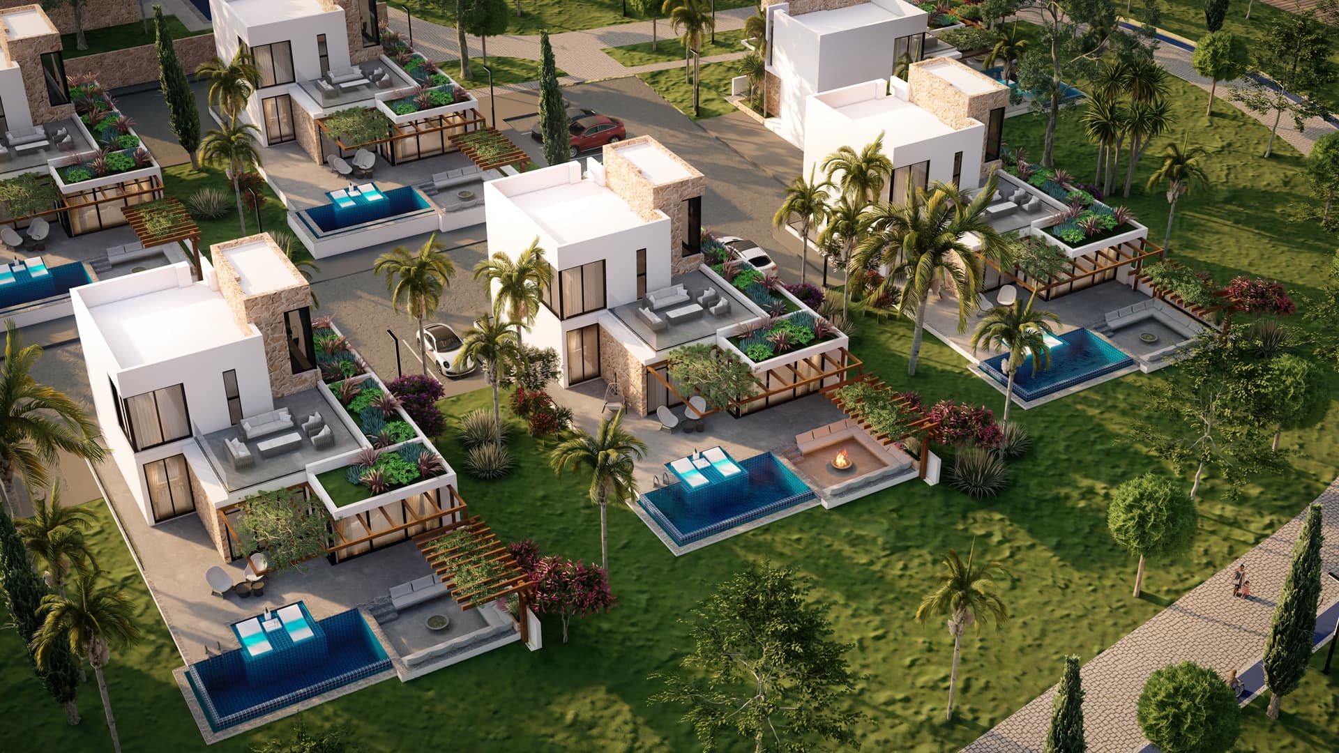 Villen mit Pool aus der Luft (Visualisierung)
